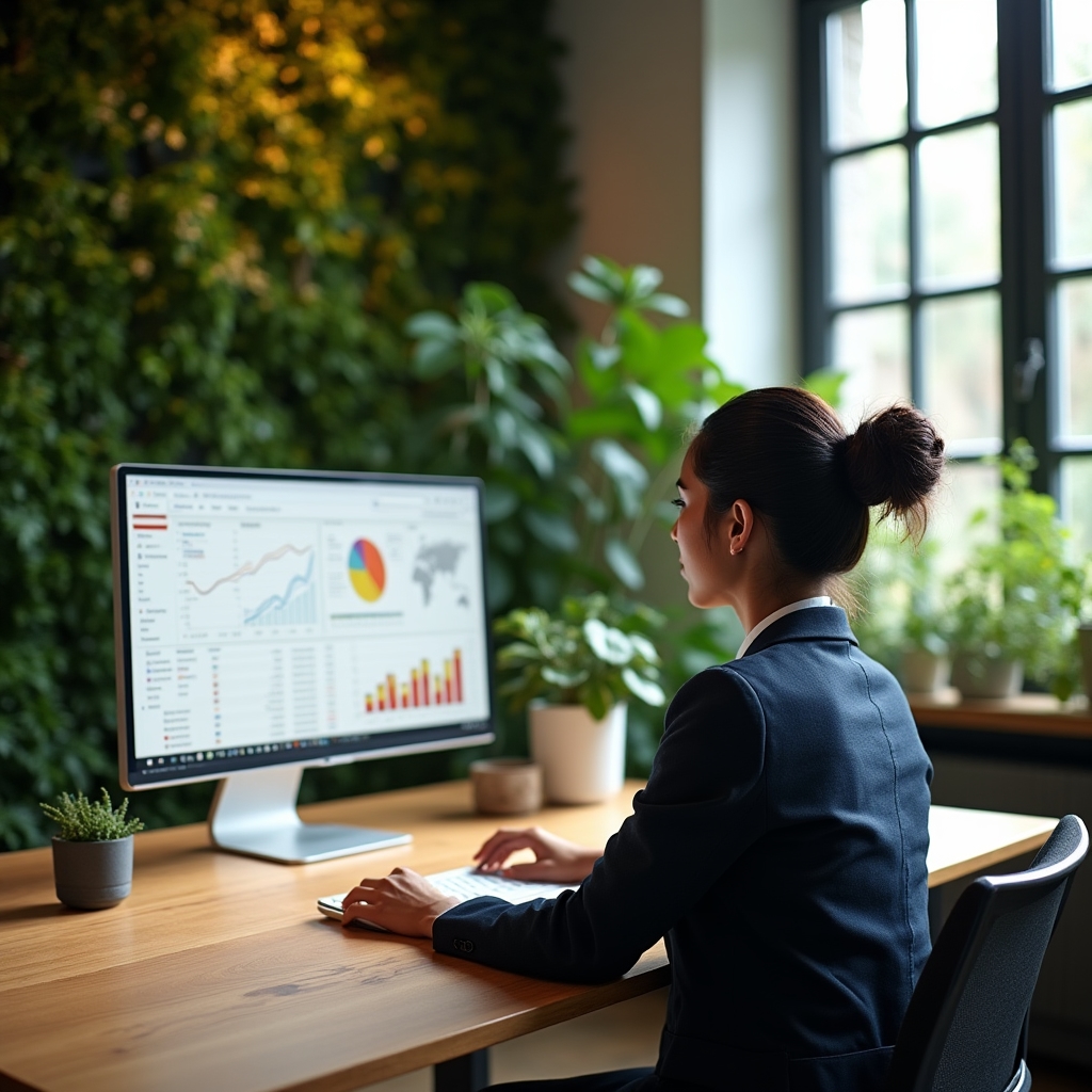 Publisher reviewing analytics dashboard on a laptop in a bright editorial workspace