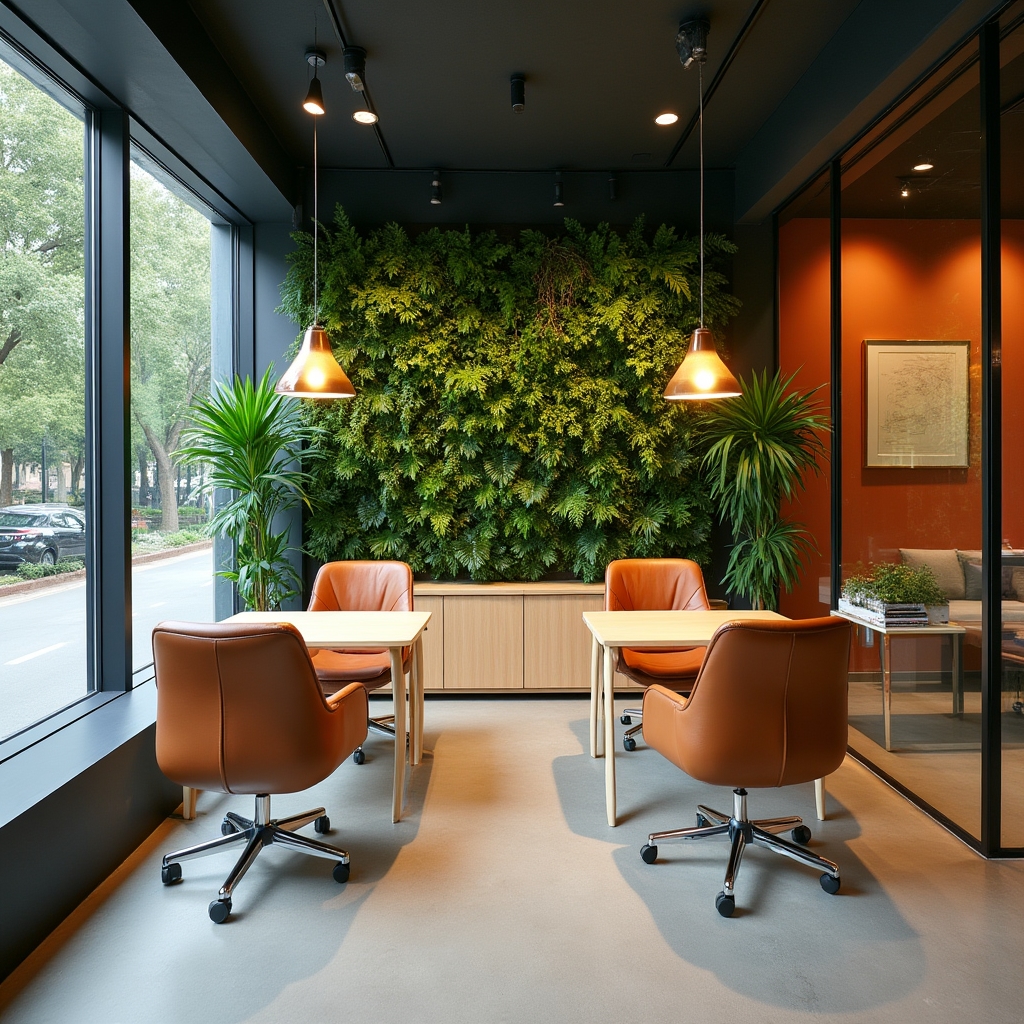 Bright editorial office space in Atlanta with natural wood furniture, living plant wall, large windows overlooking tree-lined street, and open-plan workstations