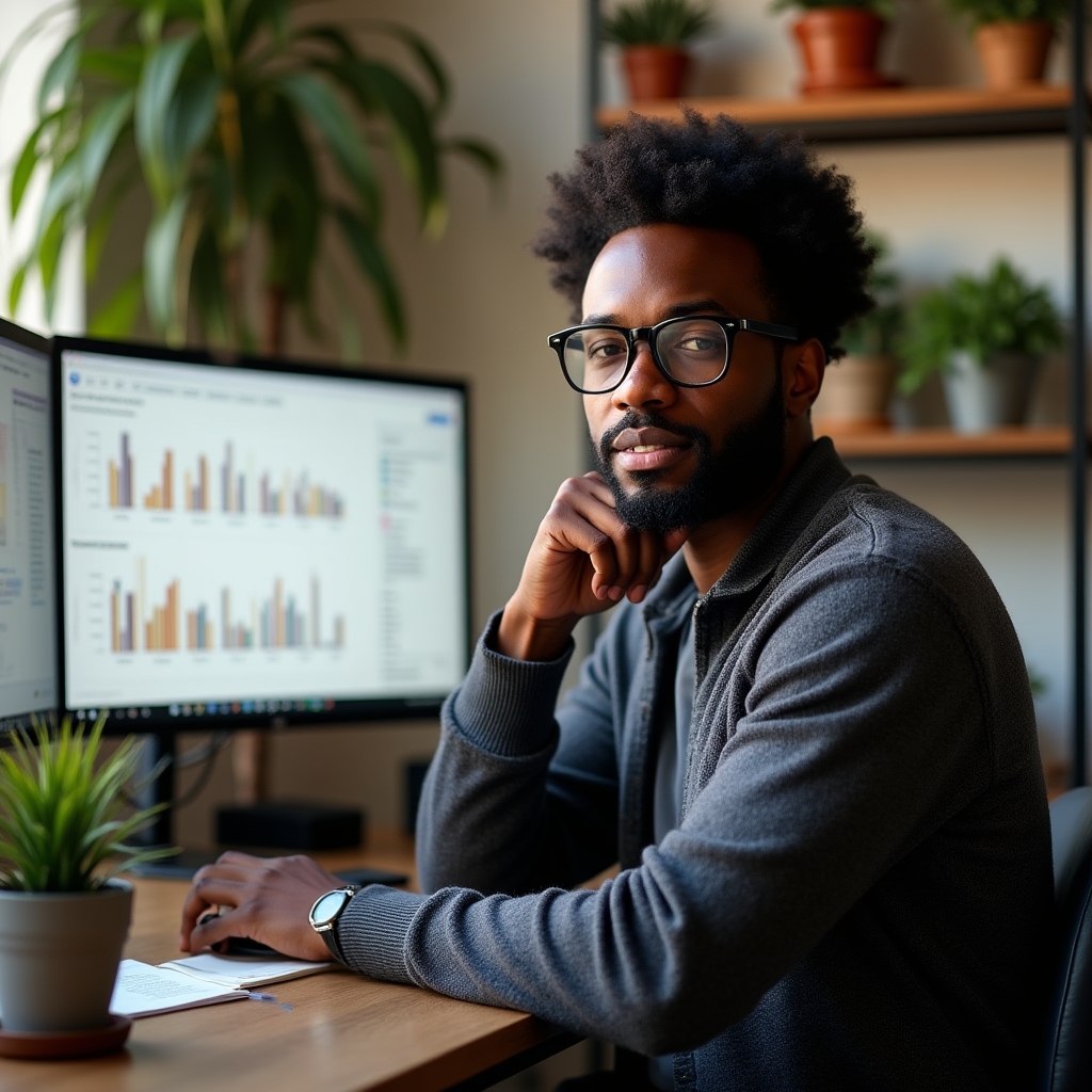 Independent blogger reviewing content performance metrics on dual monitors in a home office with plants
