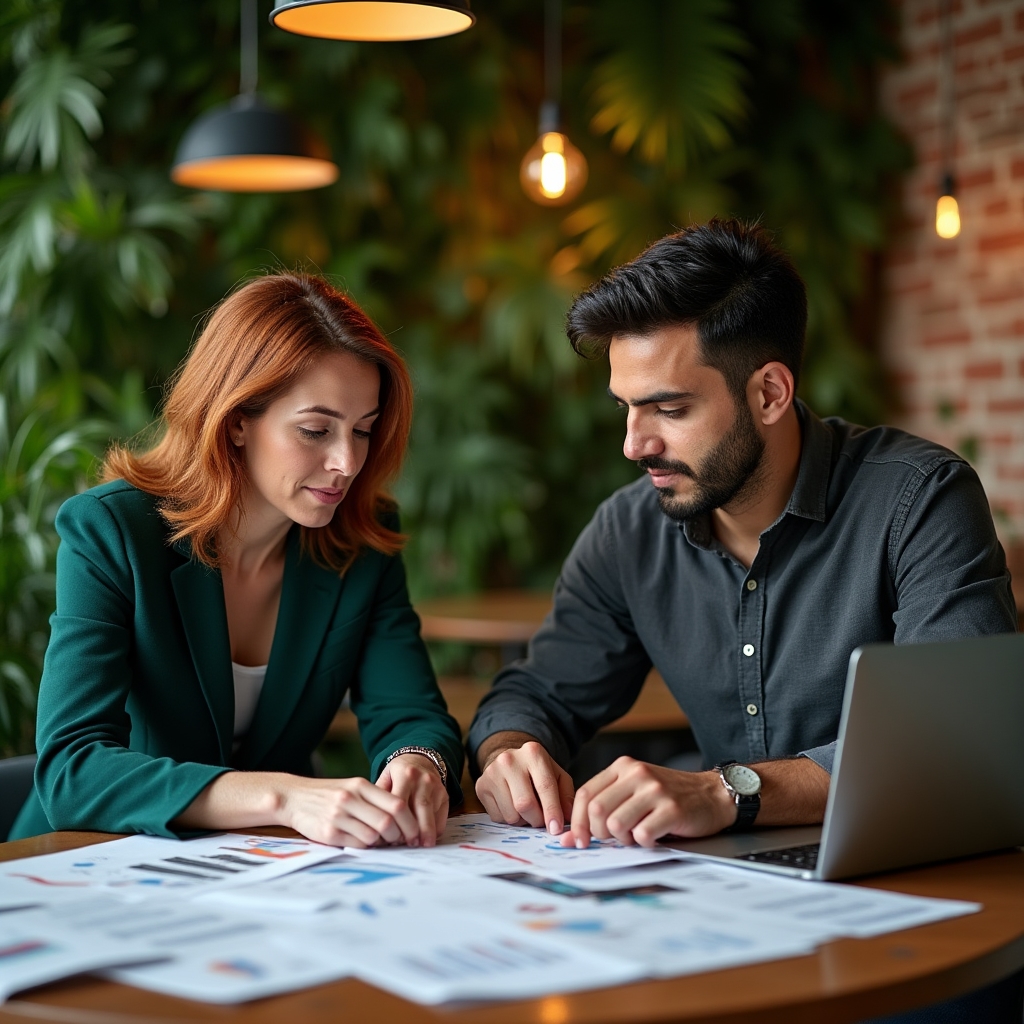 Two publishers discussing editorial strategy around a table with laptops and printed analytics reports in a plant-filled office