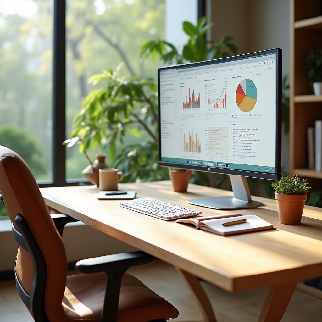 Editorial workspace with a large monitor displaying analytics charts, surrounded by notebooks and a coffee cup in a green-accented office