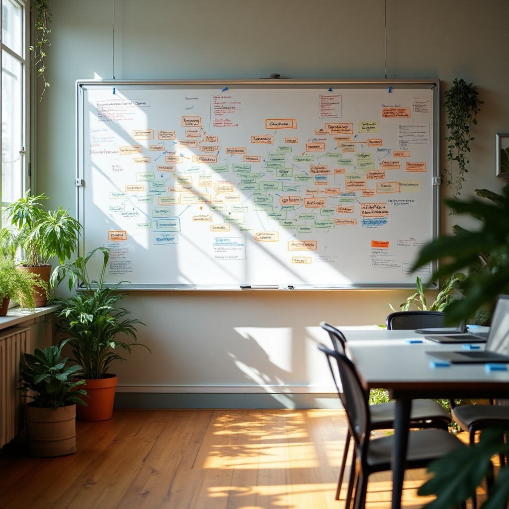 Wide shot of a content topic mapping session on a whiteboard with color-coded categories and analytics printouts pinned beside it in a collaborative editorial workspace